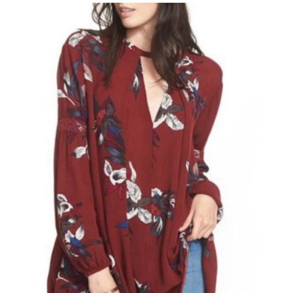 Free People Tree Swing Tunic Dress Women's XS Burgundy Floral Oversized Boho